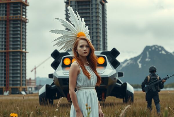 A red-haired woman in a light blue dress with a feathered headpiece stands in a field, with mountains, a futuristic vehicle, and a soldier in the background.