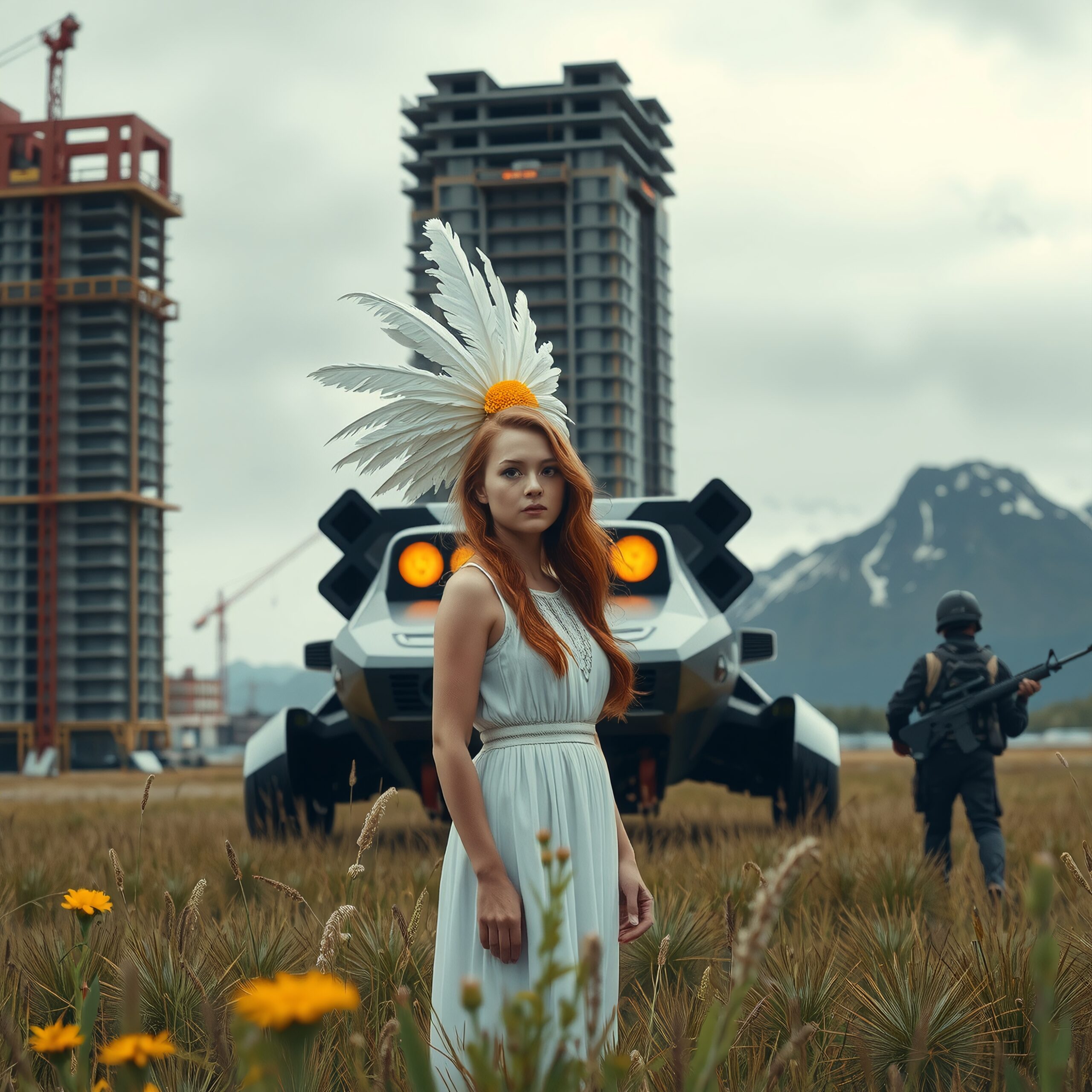 Futuristic scene with feathered elegance