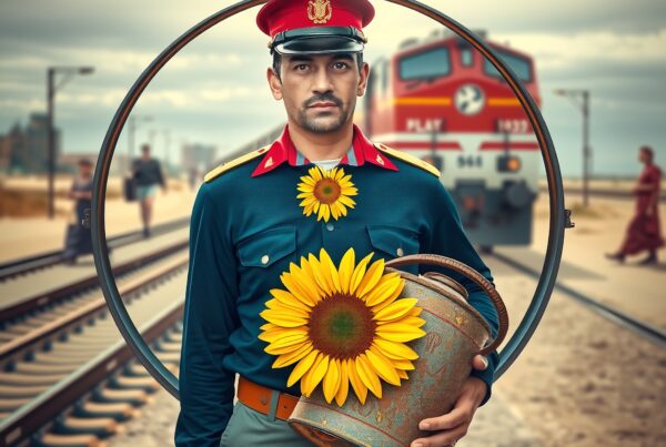 A man in uniform holding a watering can with sunflowers, standing on a railway platform with a train approaching.