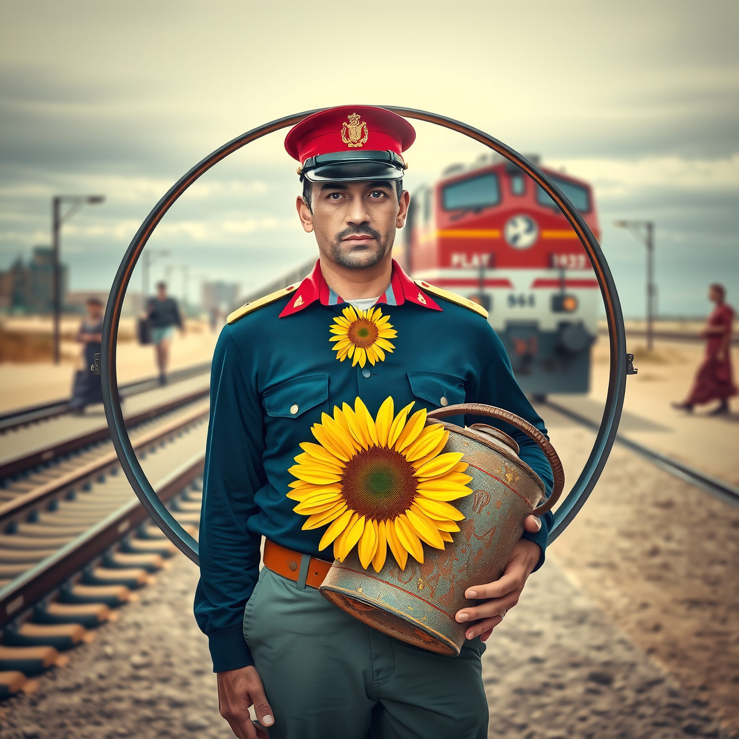 Uniformed Man with Sunflowers and Train