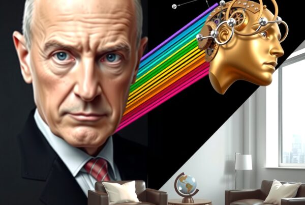 A modern room with a futuristic art mural, featuring vibrant colors and mechanical elements, enhancing the elegant decor.