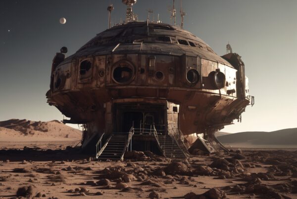 Futuristic metallic dome structure on a barren alien planet with visible moons in a starry sky.