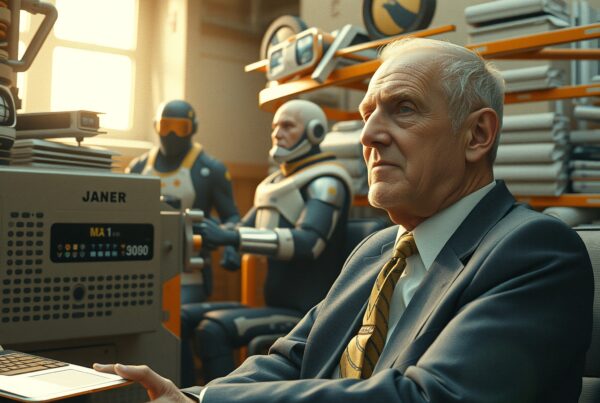 An elderly man works in a futuristic office with humanoid robots and advanced technology surrounding him.
