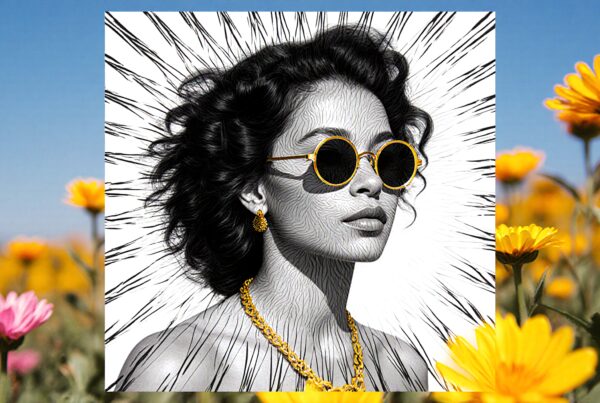 Stylized black and white portrait of a woman wearing yellow sunglasses, surrounded by vibrant daisies and bright blue sky.