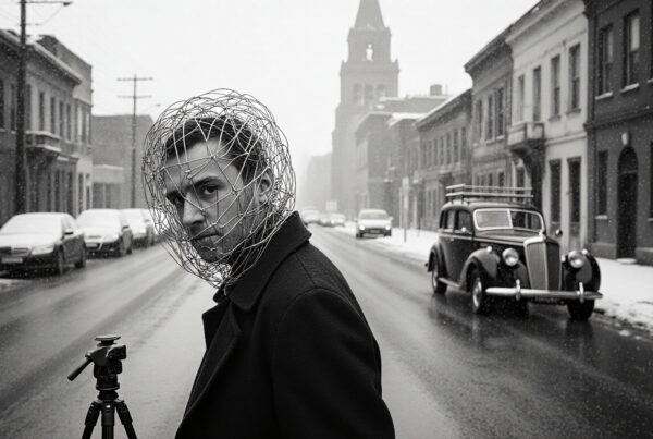 A man wearing a wire headpiece stands on a snowy street with a vintage car and European buildings in the background.