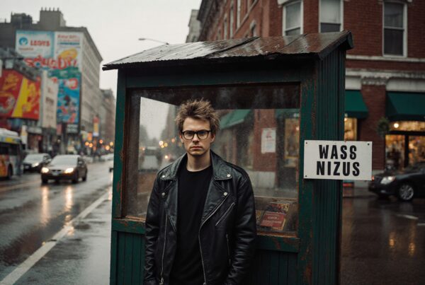 A man in a leather jacket stands in a small shelter on a rainy city street, surrounded by bustling traffic and colorful billboards.