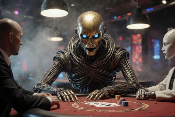 Futuristic casino scene with robots playing poker.