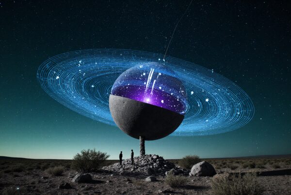 A luminous sphere with digital rings stands in a desert under starry skies.
