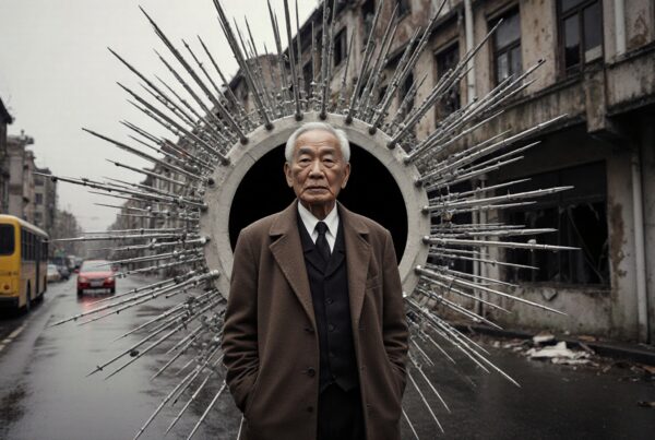 An elderly man stands in front of a sculpture with metal rods in an urban street scene with old buildings.