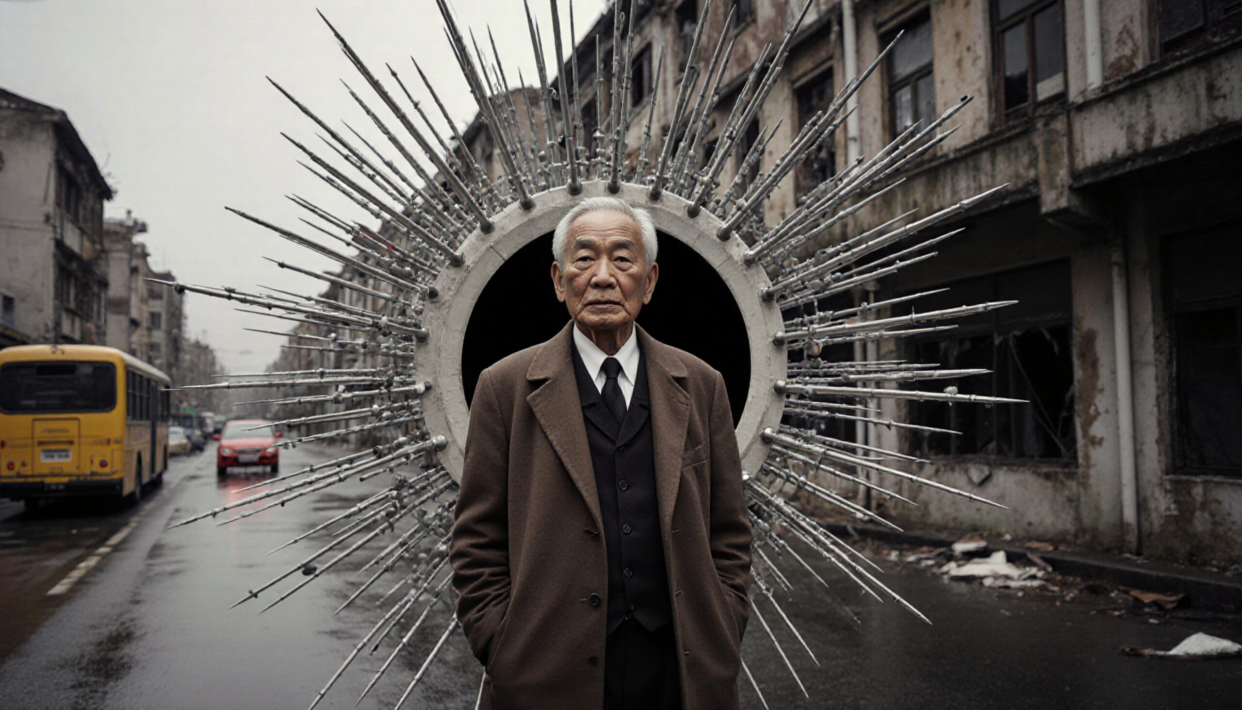 Man and Sculpture in Cityscape