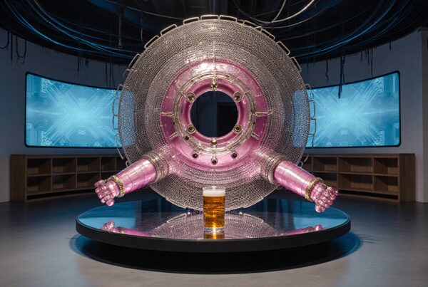 Futuristic metallic art with pint of beer.