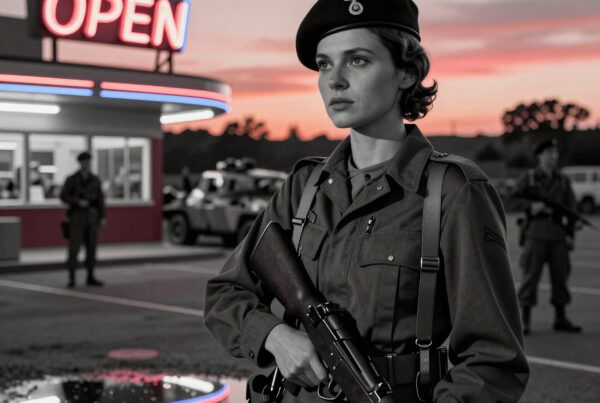 A strikingly composed soldier stands in sharp focus against a surreal twilight backdrop where neon signs.