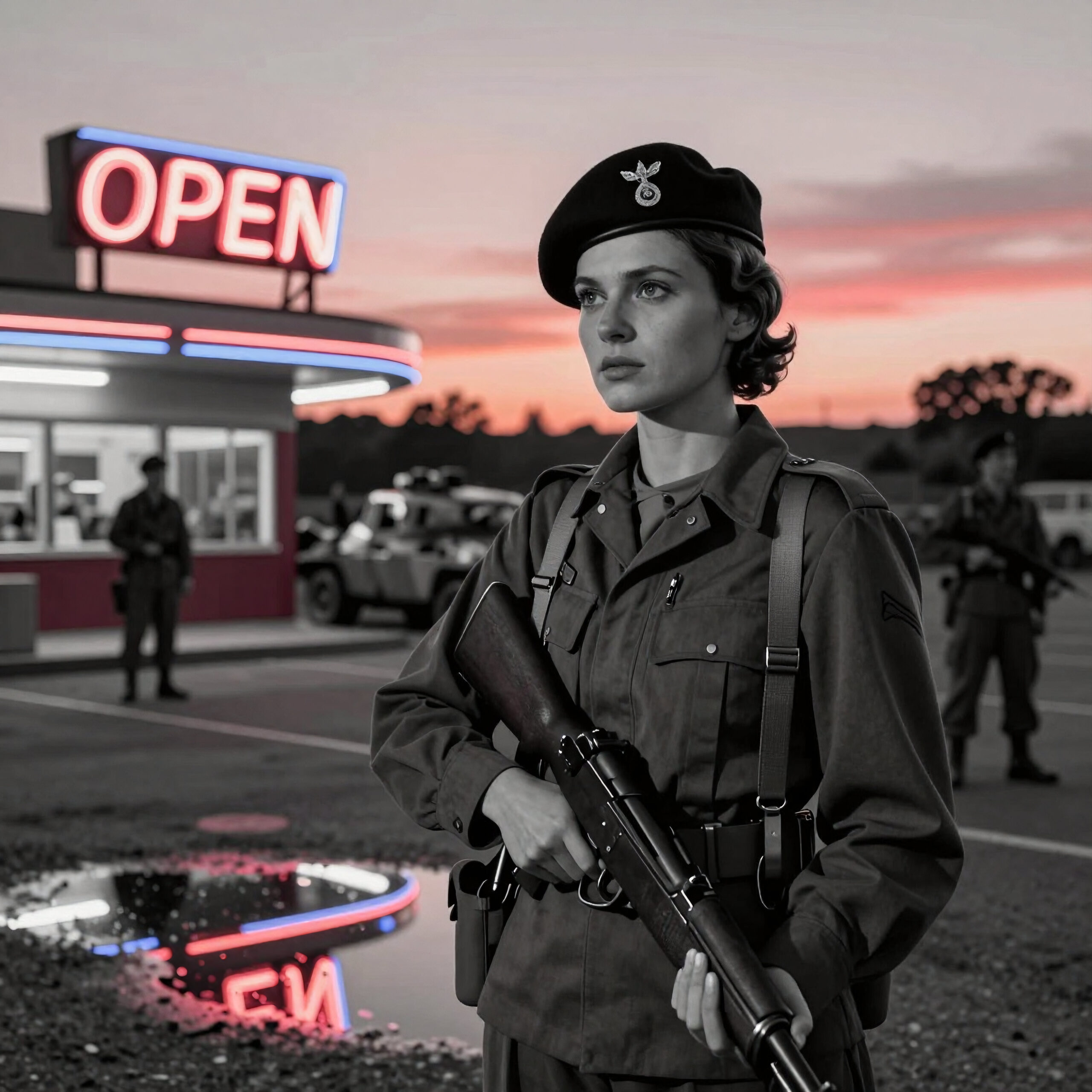 Soldier Under Neon Dusk