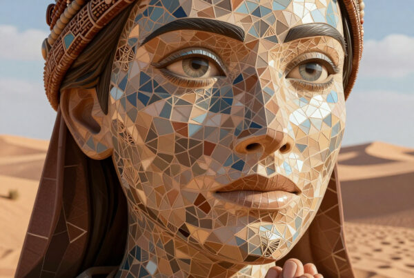 Ancient Egyptian goddess praying in desert mosaic art