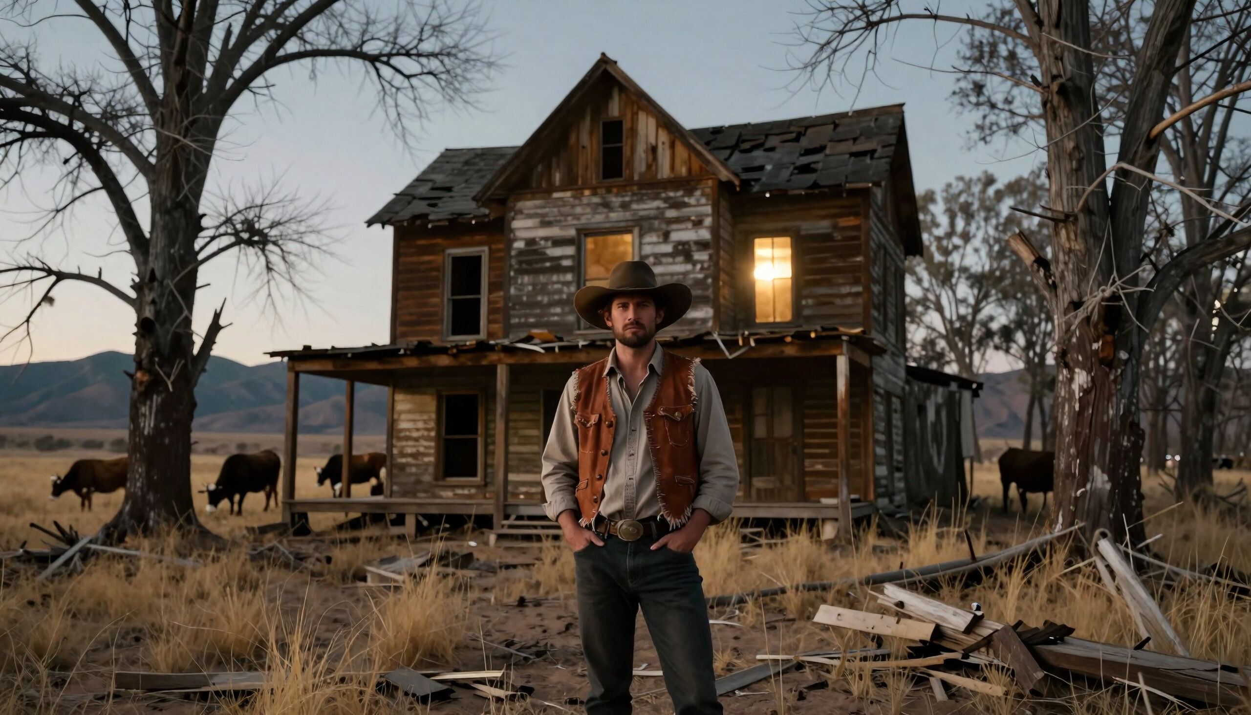 Cowboy Before Rustic Homestead