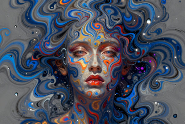 Surreal cosmic woman portrait with swirling galaxy patterns and vibrant color gradients