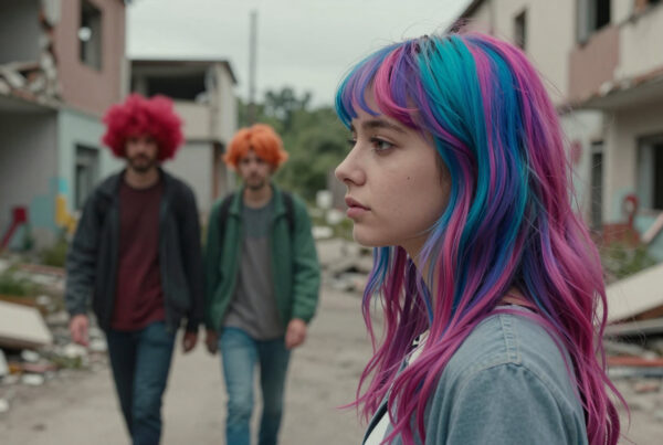Girl with rainbow hair walks past two men in wigs near ruined buildings