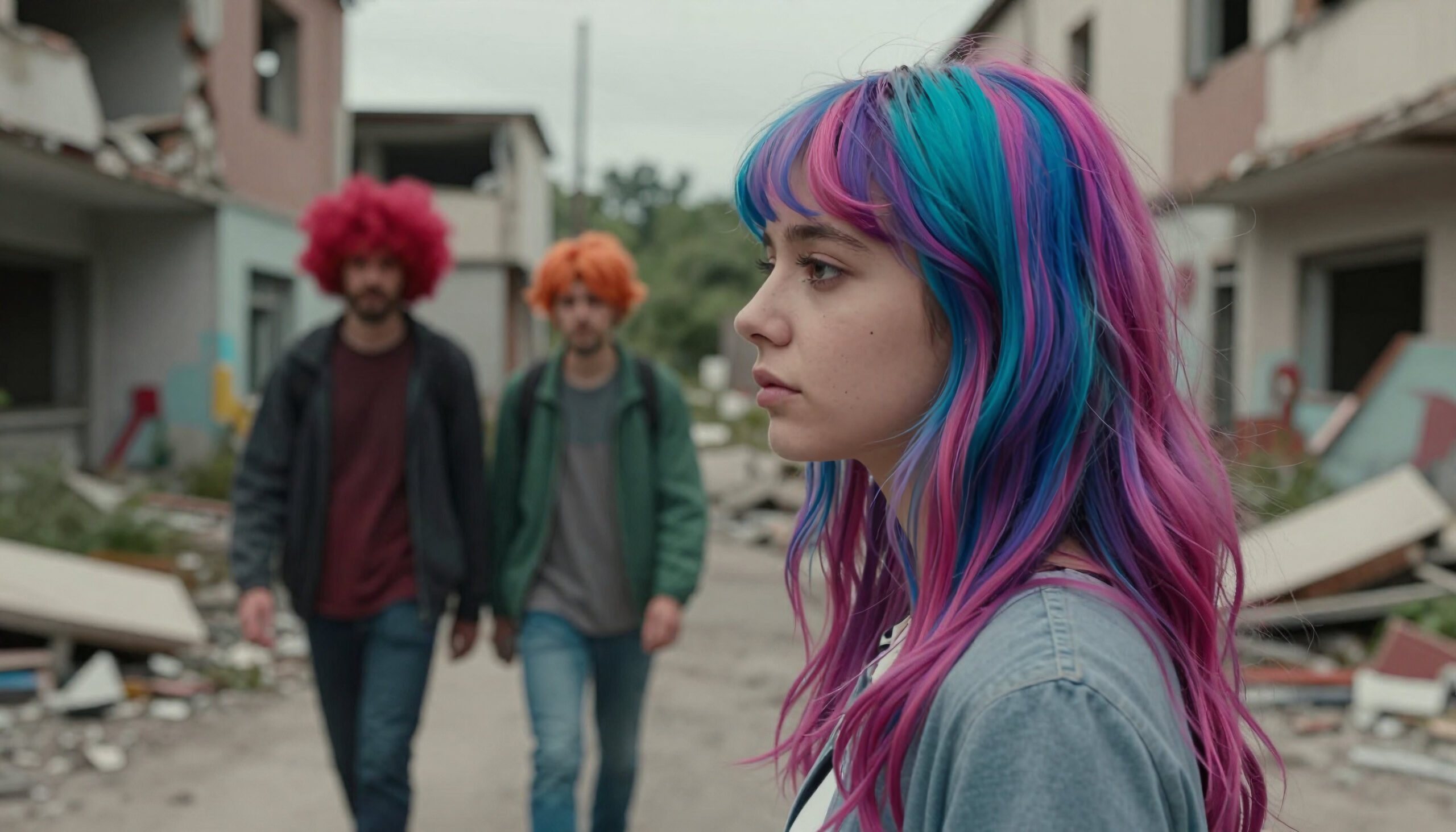 Rainbow Hair Against Ruins