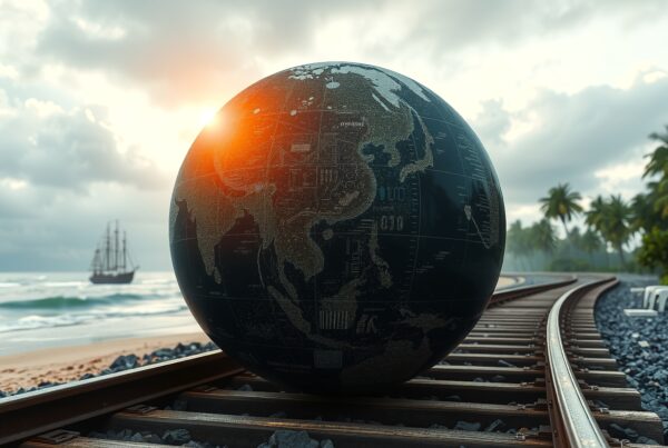 A globe sits on train tracks by a beach at sunset with a ship sailing in the background, symbolizing exploration and travel.