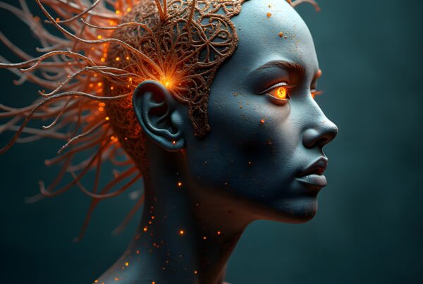 A futuristic character with glowing orange eyes and intricate head designs in a sci-fi setting.