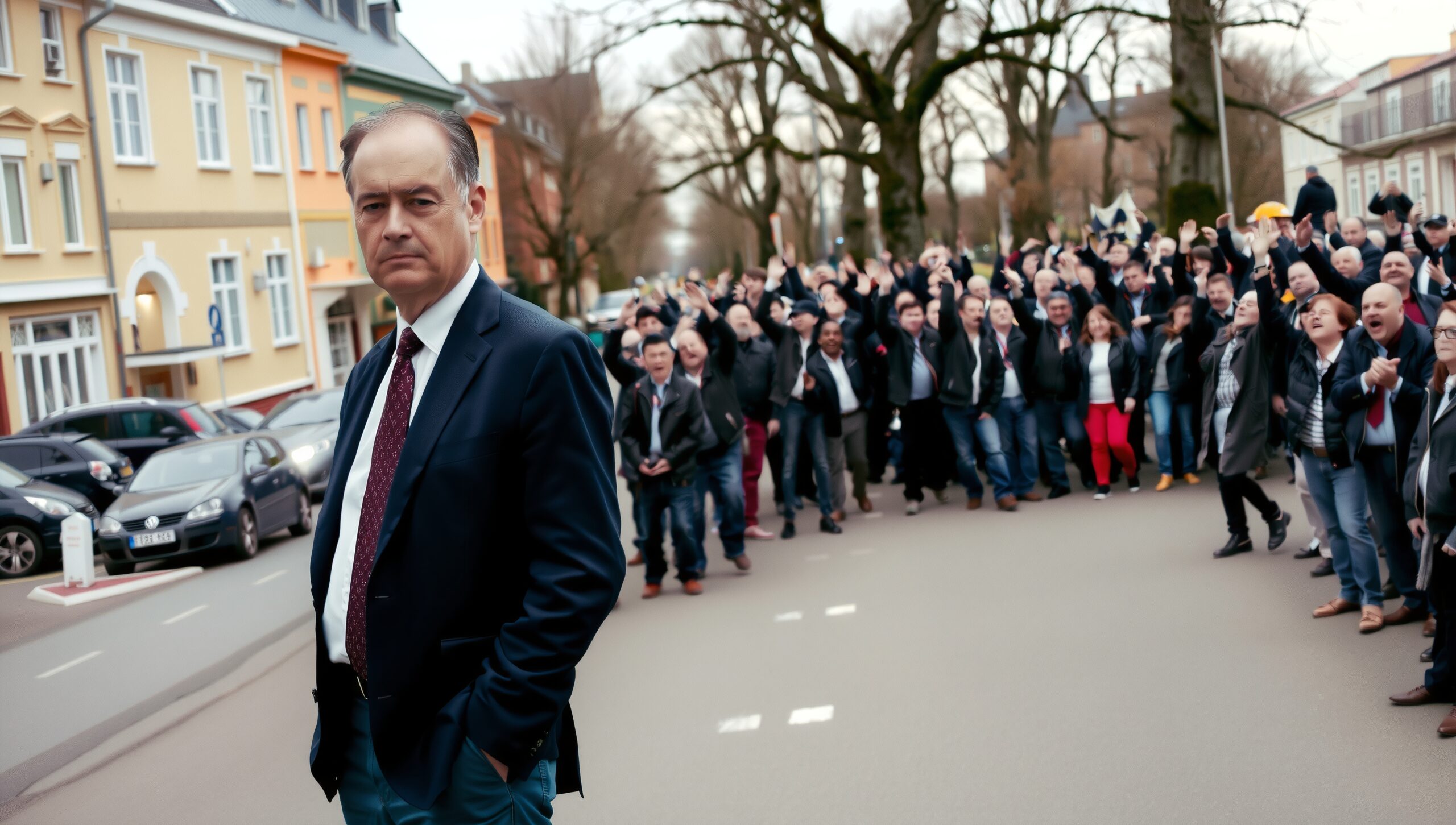 Business Leader Faces Protesting Crowd