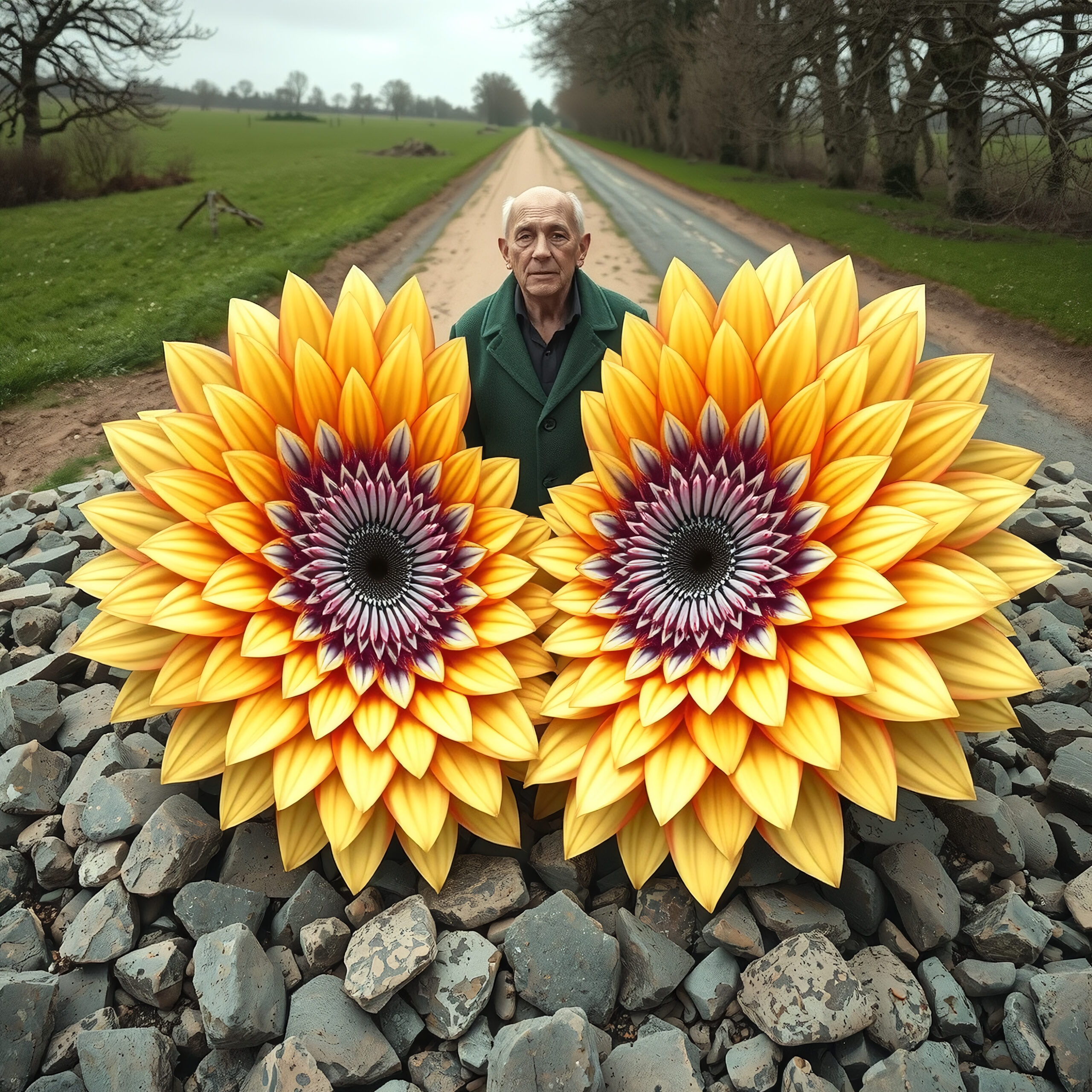 Vibrant Giant Sunflowers with Man