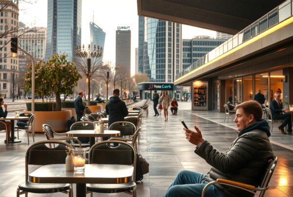 Outdoor cafe bustling with people, modern city skyline.