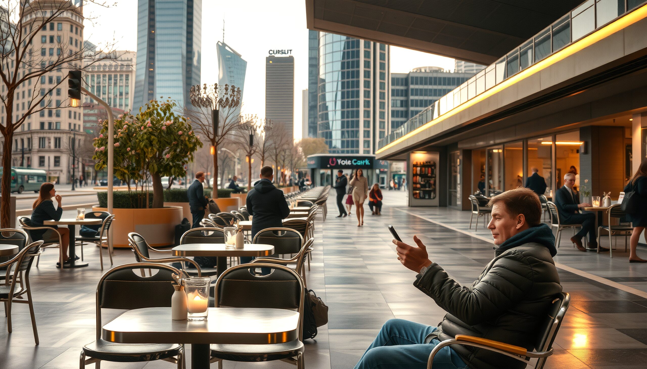 Modern urban cafe with people