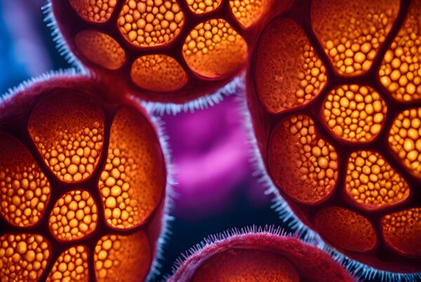 Close-up view of vibrant orange and red organic structures with intricate patterns and hair-like filaments.