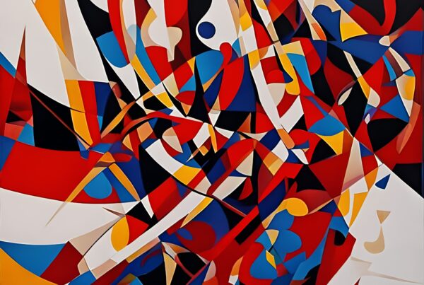 A vibrant abstract painting with red, blue, and yellow shapes interweaving dynamically against a contrasting background.