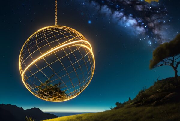 A glowing spherical cage illuminates a tranquil night landscape beneath a starry sky.
