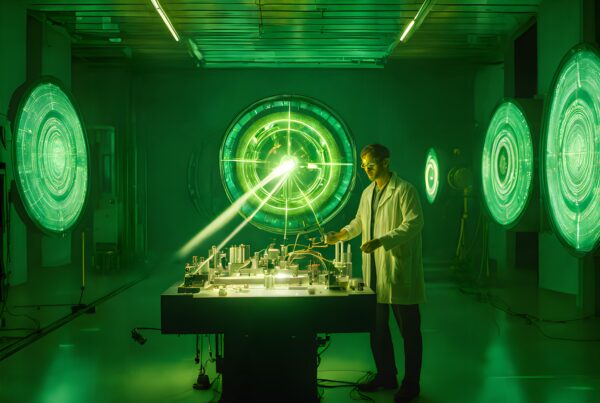 A scientist in a futuristic lab with glowing green technology.