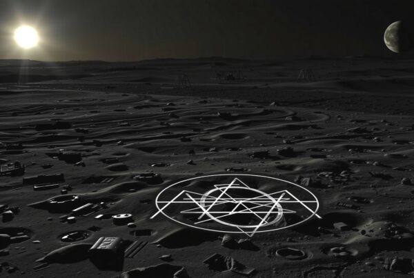 Symbolic pentagram on moon surface at dusk.