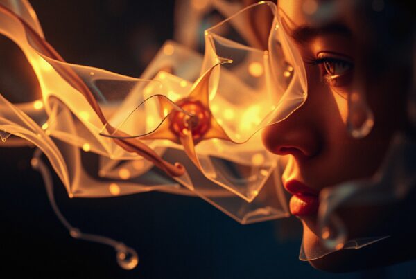 A person's profile surrounded by glowing, translucent ribbons that emit a warm golden light, creating a mystical atmosphere.