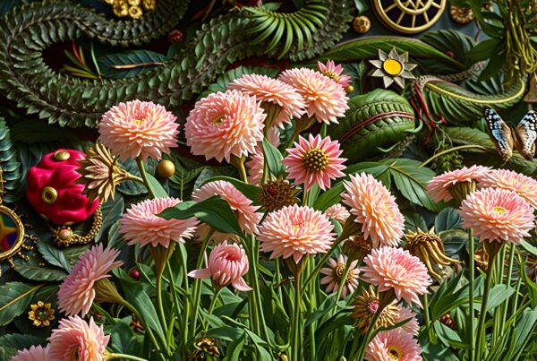 A vibrant garden of pink flowers with ornate decorations.