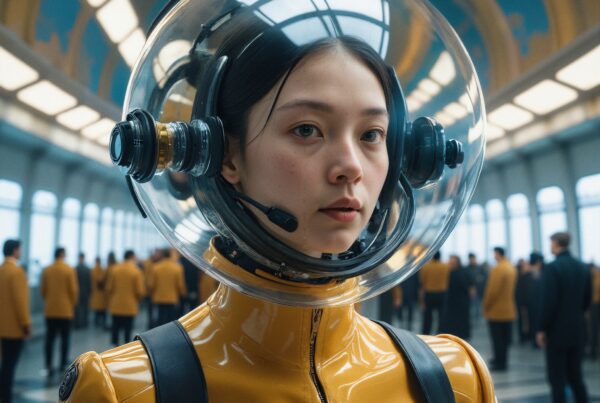 A person wearing a futuristic helmet and yellow suit stands in a grand, modern interior.