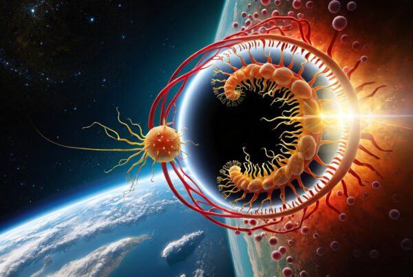 A fascinating view of Earth from space featuring an organic spherical structure with tentacles, set against a cosmic backdrop illuminated by a radiant light source.