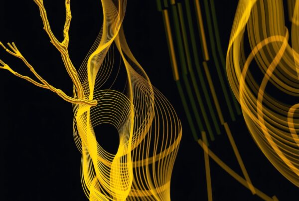 Abstract image with golden swirling lines against a black background, creating an organic and dynamic visual pattern with a glowing orange element.