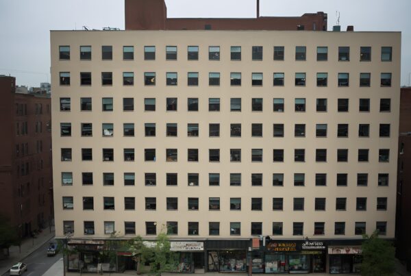 Multi-story urban building with shops and parked cars.