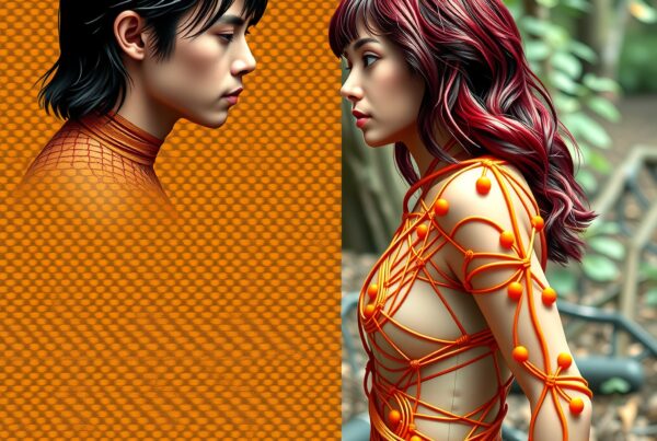A vibrant and artistic portrait of two figures in contrasting settings and attire, showcasing the fusion of nature and modern design.