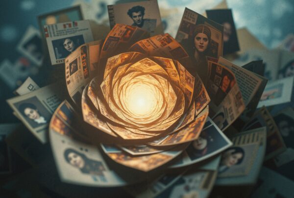 Vintage documents and photos spiraling into light.