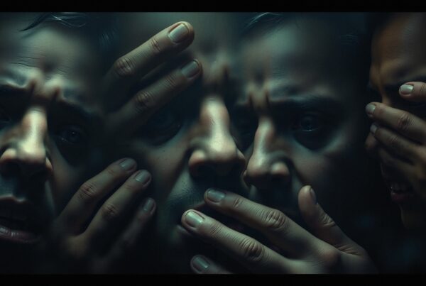 A dark, dramatic composition showing faces and hands, expressing a range of intense emotions under cinematic lighting.