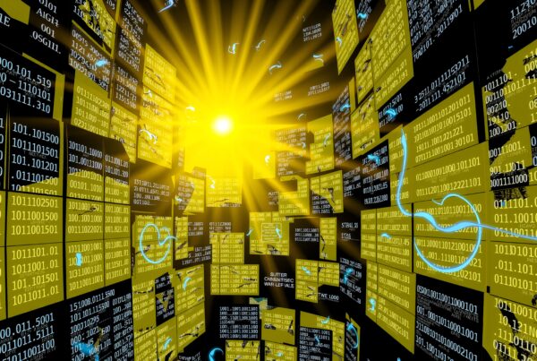 A digital grid with glowing binary codes and a central bright sun, symbolizing technology and connectivity.