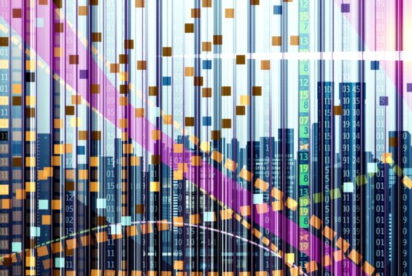 Abstract digital art with colorful vertical lines, numbers, and urban skyline silhouettes, symbolizing technology and data flow.