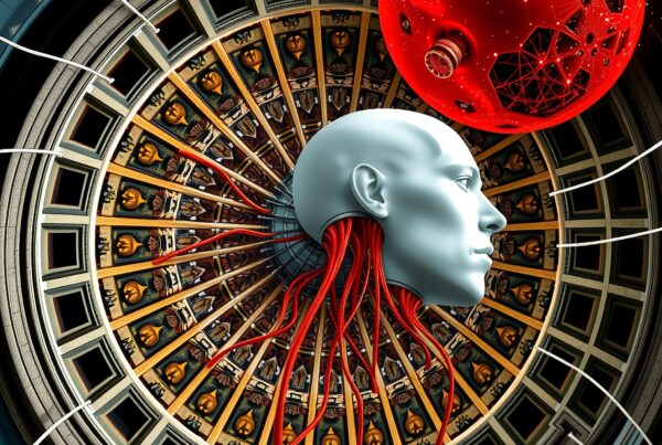 A futuristic human figure with red tendrils inside an ornate circular dome.