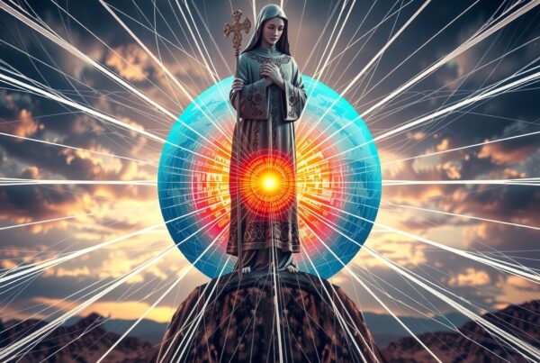 A figure in a patterned robe stands amidst radiant, colorful beams against a sunset sky, creating a mystical atmosphere.