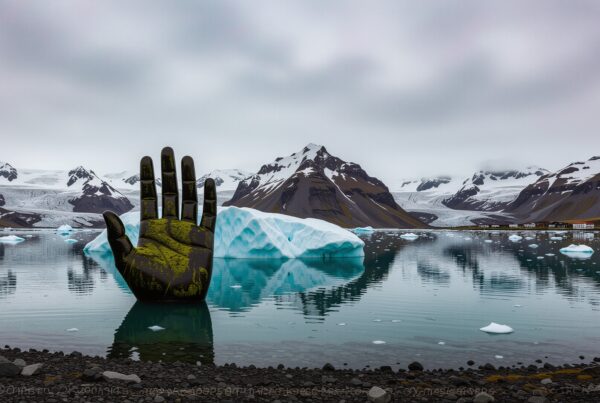 A giant sculpted hand rises from icy water surrounded by snow-capped mountains and icebergs.