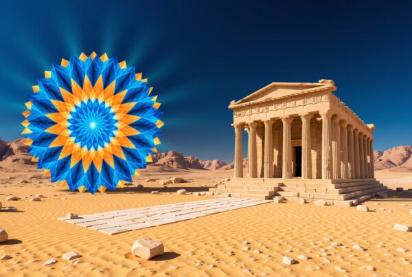 A Greek temple in the desert with vibrant geometric art.