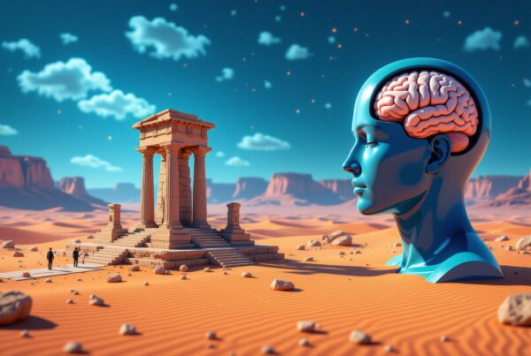 A surreal desert scene featuring a giant blue head with a visible brain, beside a classical temple under a vibrant sky.