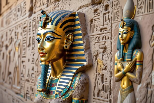 Ancient Egyptian pharaoh and hieroglyphic wall imagery.